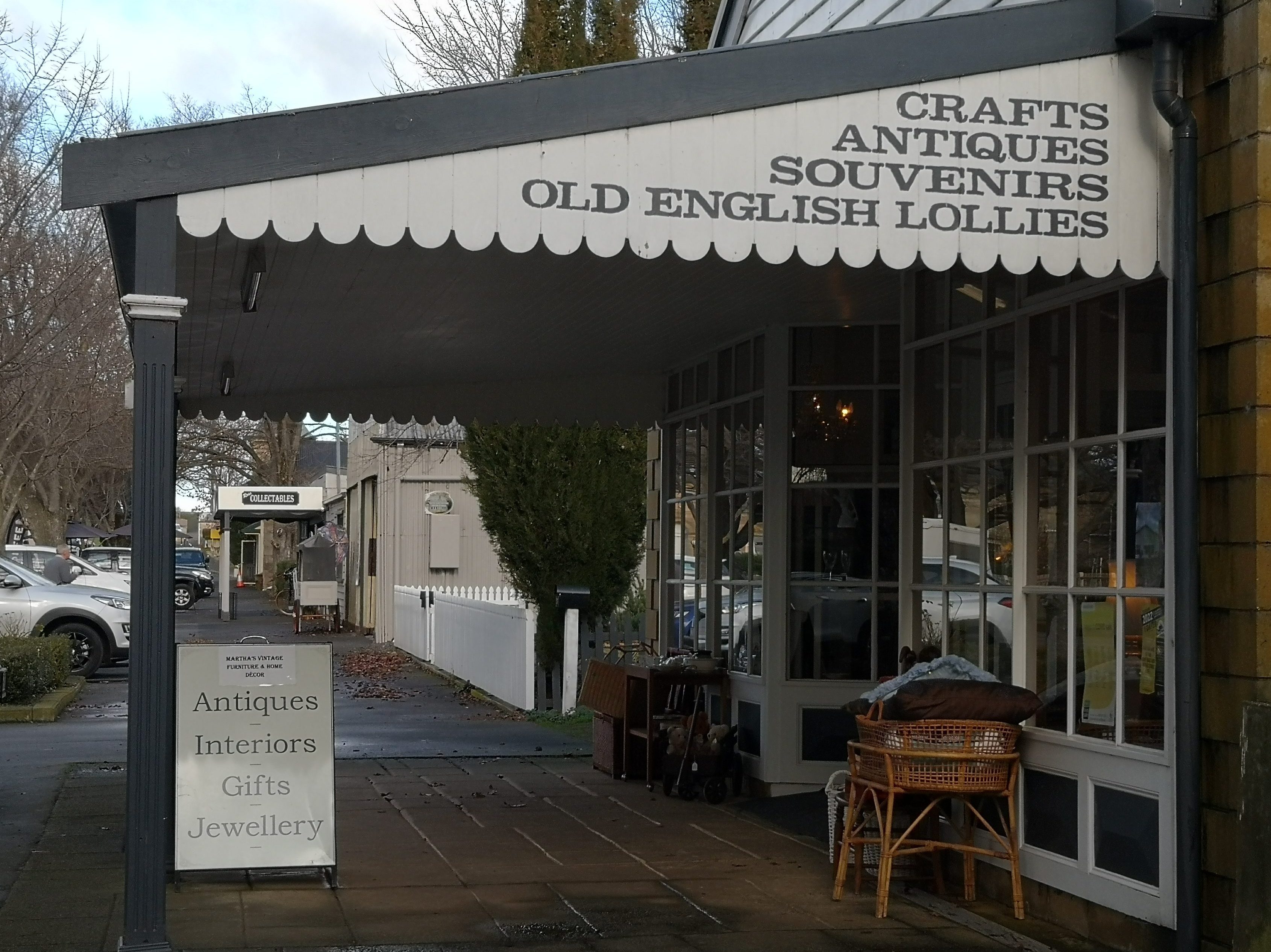 External view of verandah and wares at Marthas Vintage Clothes and Wares in Ross
